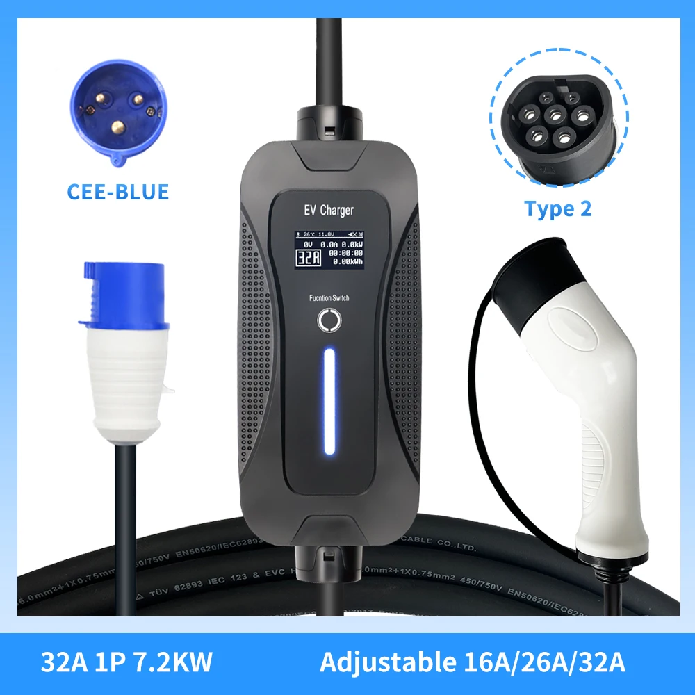 32A 7KW portable ev car charger type 2 and 5m cable with blue CEE 3 pins