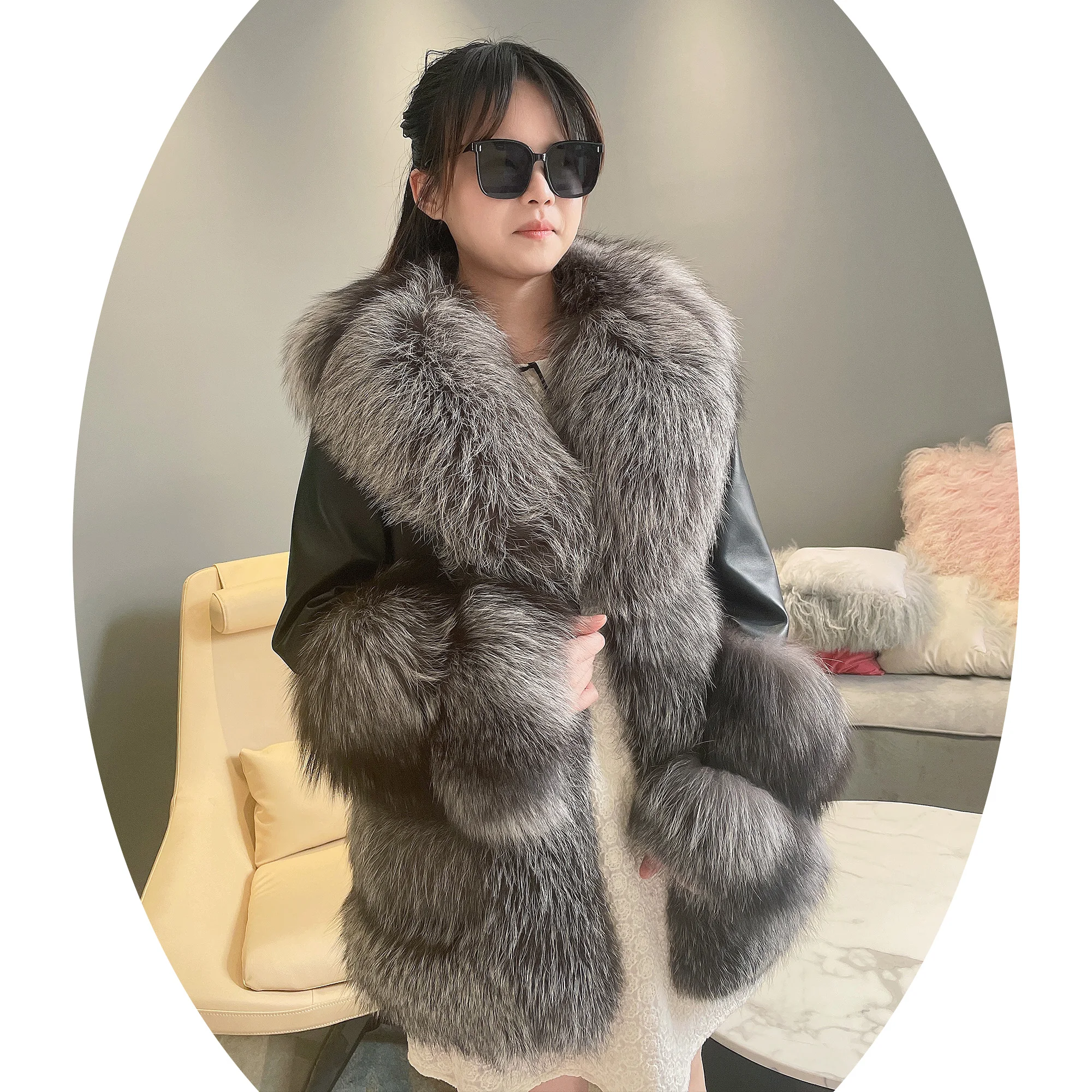 Wholesale real fox collar jacket women genuine sheepskin jacket winter luxury fox fur coat