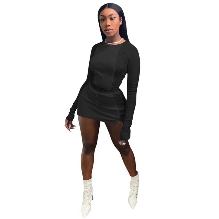 
hot sale long sleeve tops mini skirt two piece sets pretty women clothing 