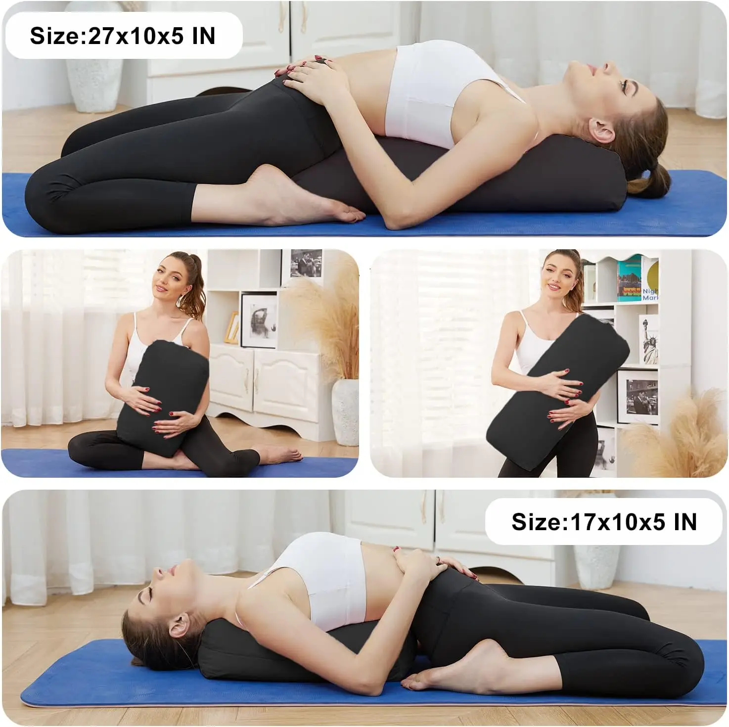 JIKE Yoga Pillow-Yoga Bolster Pillow for Restorative Yoga-Meditation Pillow with Velvet Cover,Filled with Soft Cotton,Black