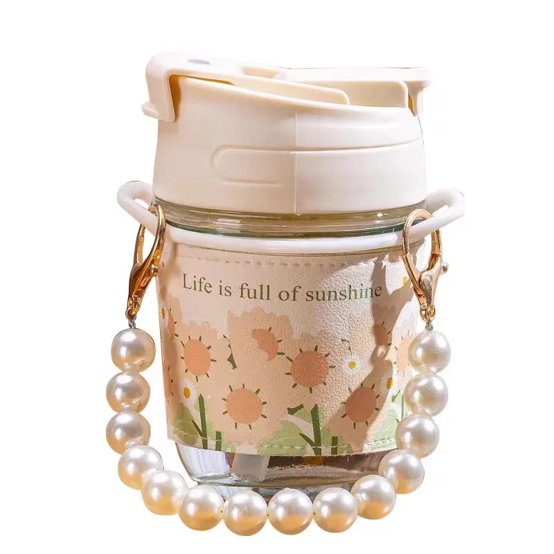 Hot Sales Leak-Proof Milky Tea Cup Girls Coffee Glass Heat Resistant Water Cup With Pearl Hand Holding Chain and Straw