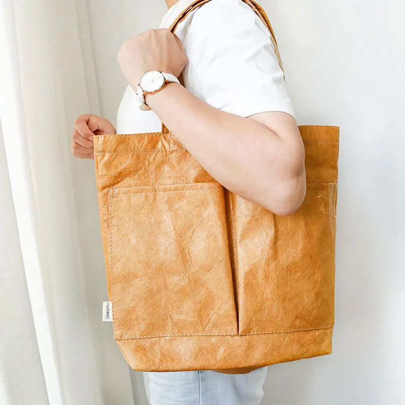 Washable Tyvek Kraft Paper Shopping Bag Single Shoulder Handbag Dupont Paper Tote Bag with Cotton Linen Lining