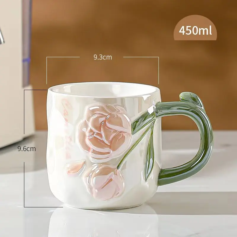 Wholesale New Fashion Pealrized 3D Tulip Ceramic Coffee Mugs Custom lower Ceramic Milk Cup water Mug with Lid