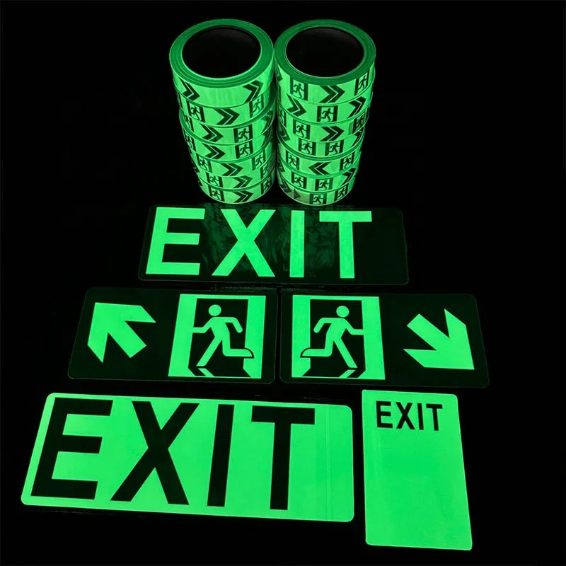 Custom Photoluminescent Film Eco Solvent Printing Self Adhesive Luminous Tape Aluminium Exit Stickers Glow in The Dark