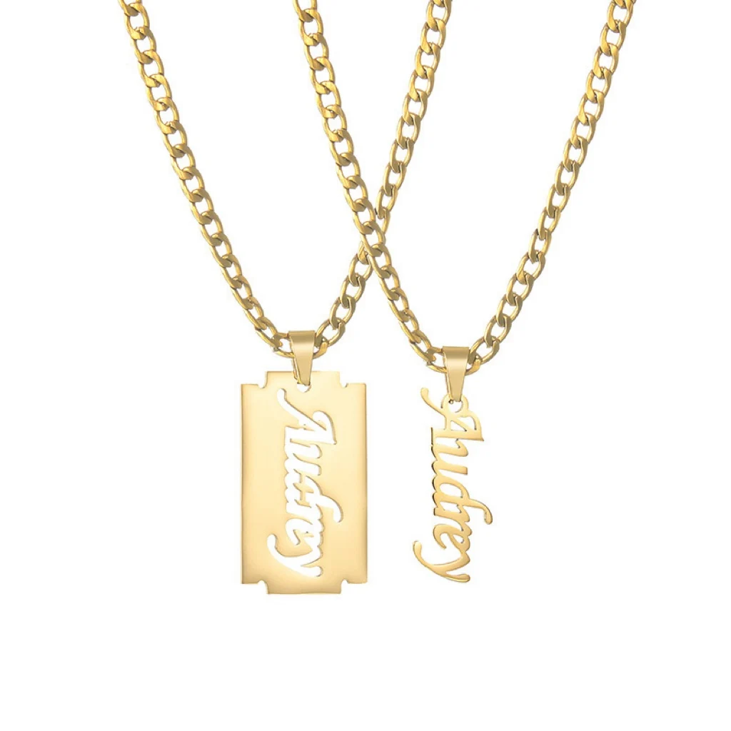 Chain Jewelry Jewellery Manufacturer blade shape Pendant Stainless Steel Logo Name Plate Gold Design Custom Engraved Necklace