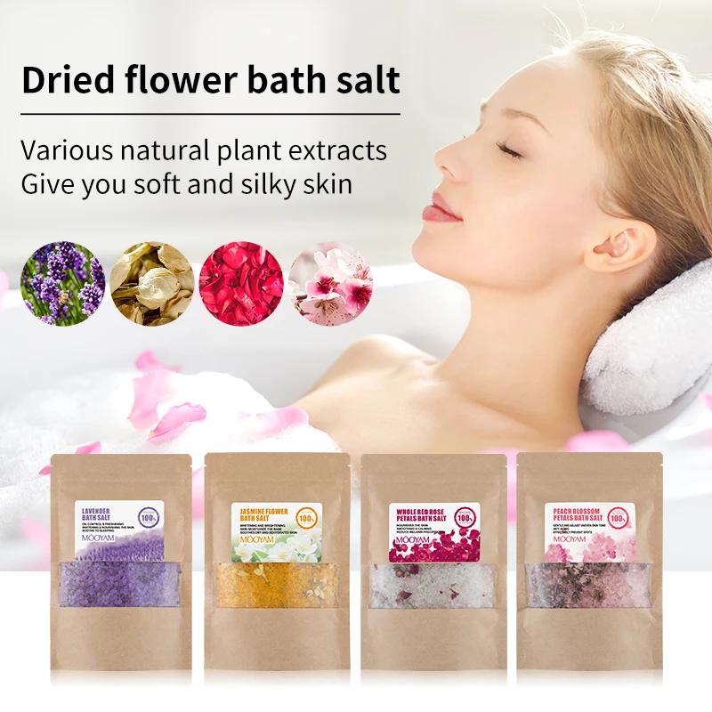 MOOYAM Bulk Natural Jasmine Peach Blossom Bath Salts With Flowers Bath Spa Relaxing Smoothing Lavender Rose Petals Bath Salt