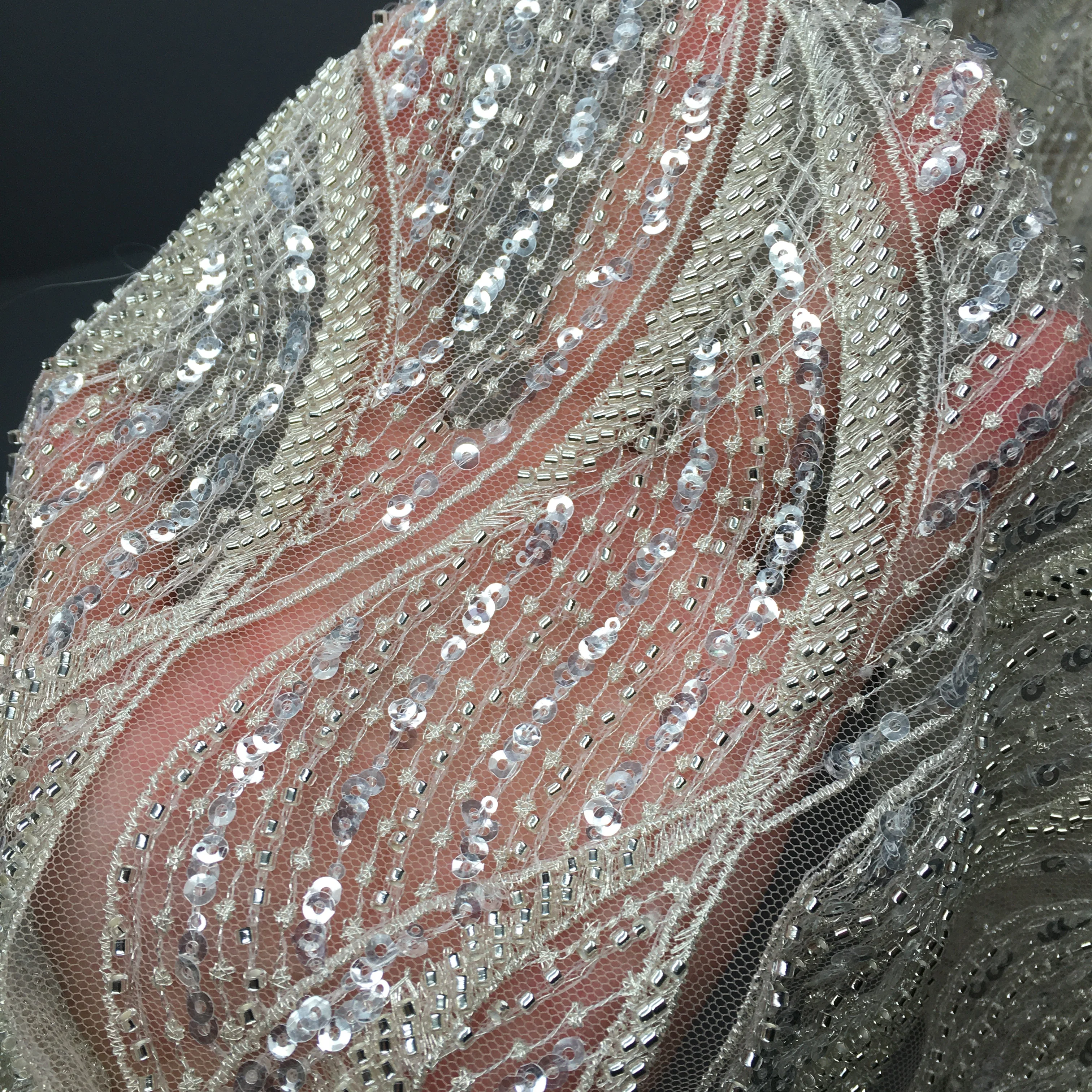 Crystal sequins lurex embroidery beads wedding dress bridal gown evening lace fabric with beaded