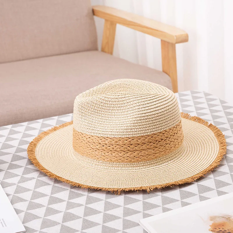 Summer vintage matching color fur border sunblock Korean version ladies wide flat brim hat jazz top hat Bohemian straw hat