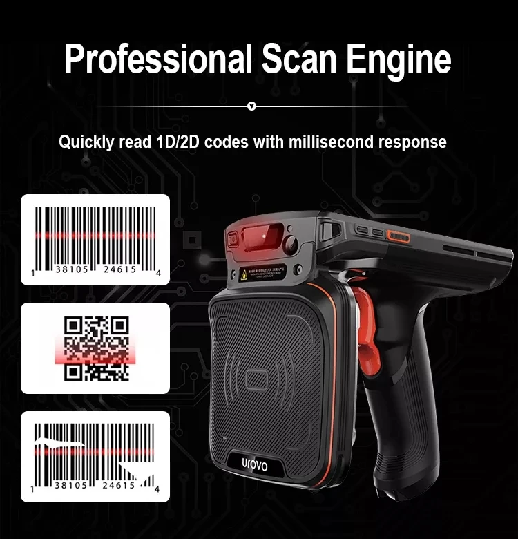UROVO Pistol Grip Android Mobile PDAs Barcode Scanner  Long Range Handheld UHF Rfid Reader for Warehouse Inventory