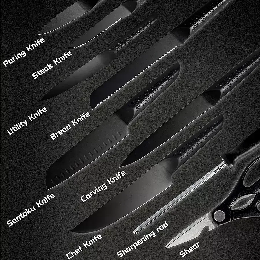 High quality stainless steel hollow handle kitchen knives chef knife set black kitchen knife set with wooden block