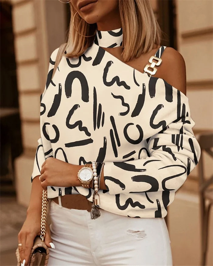women fashion long sleeve chain neck print button decoration blouse tops for women