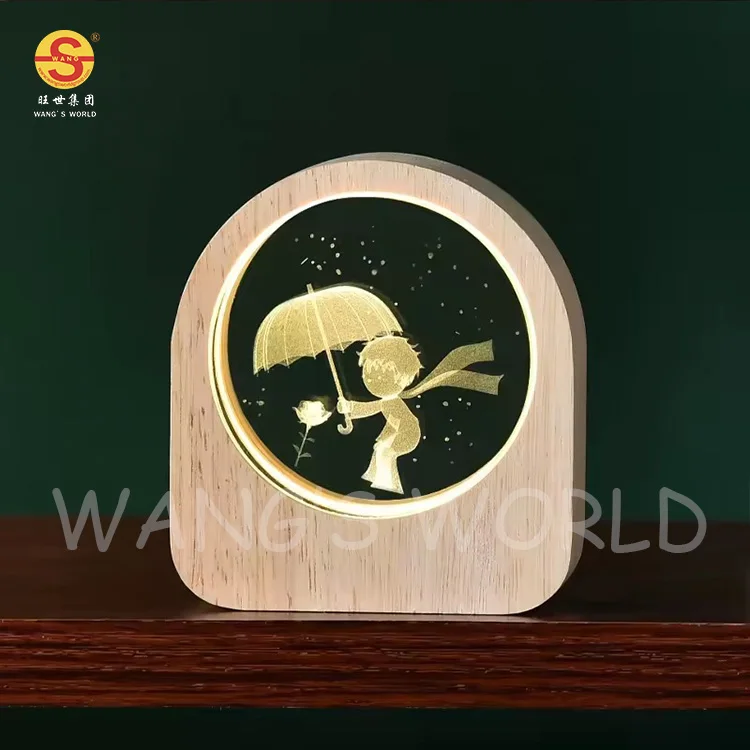 Bedroom Living Room Decoration 3D Optical Creative Bedside Lamp Battery Power Light Night Light Wood Carved Acrylic Table Lamp