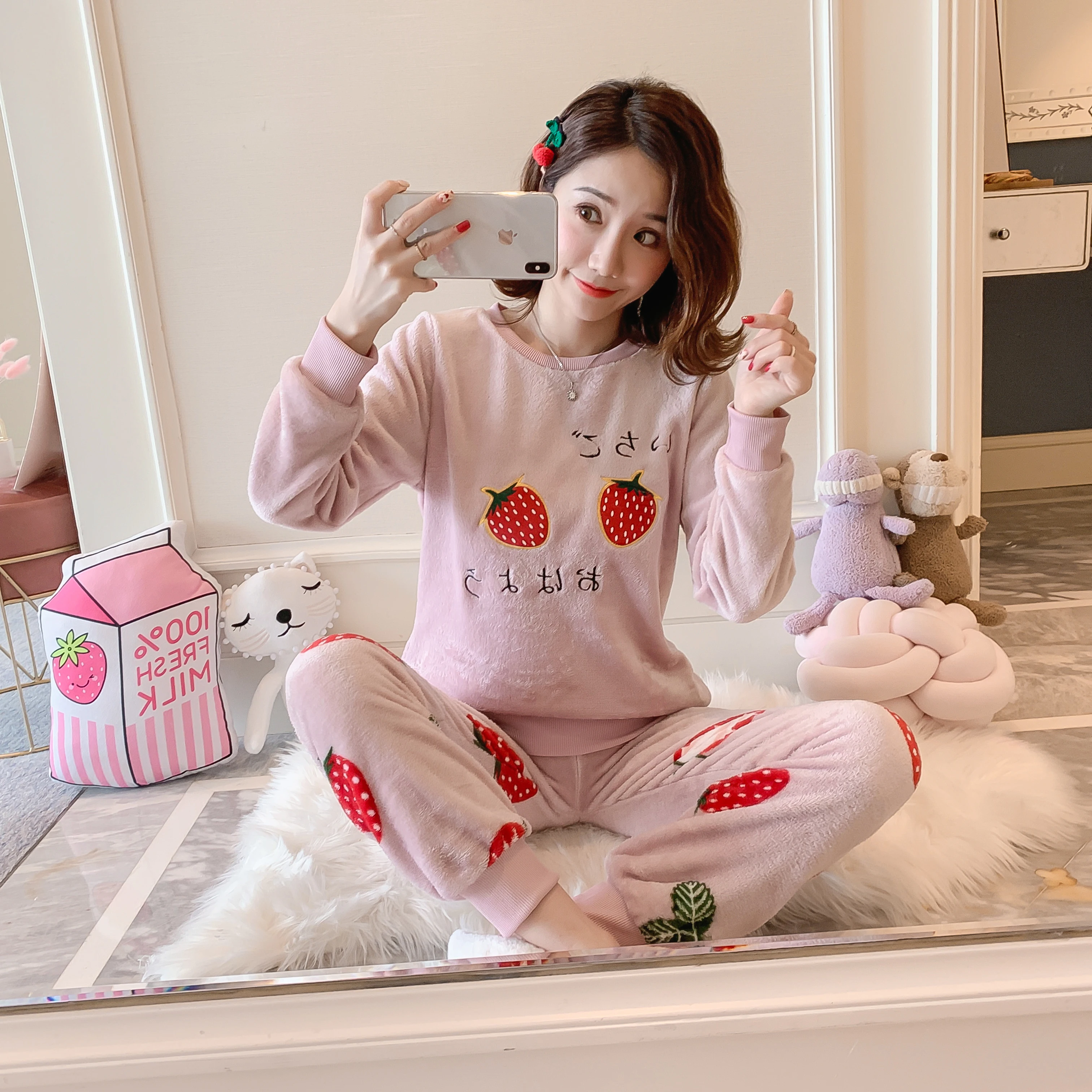 Winter Adults Flannel Round Neck Cartoon Women Sleepwear Costume Pajamas Sets Lovely Animal Pyjamas