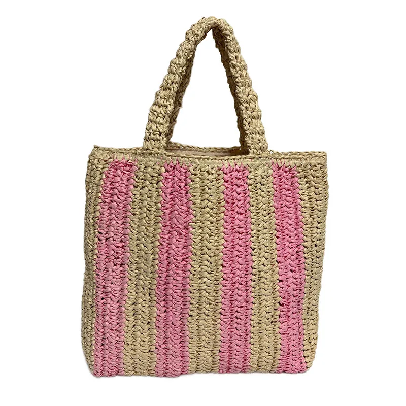 Branded Bags Luxury Women Bolsos De Mujer Crochet Bag Handmade Embroidery Stripe Contrast Color Paper Straw Bag