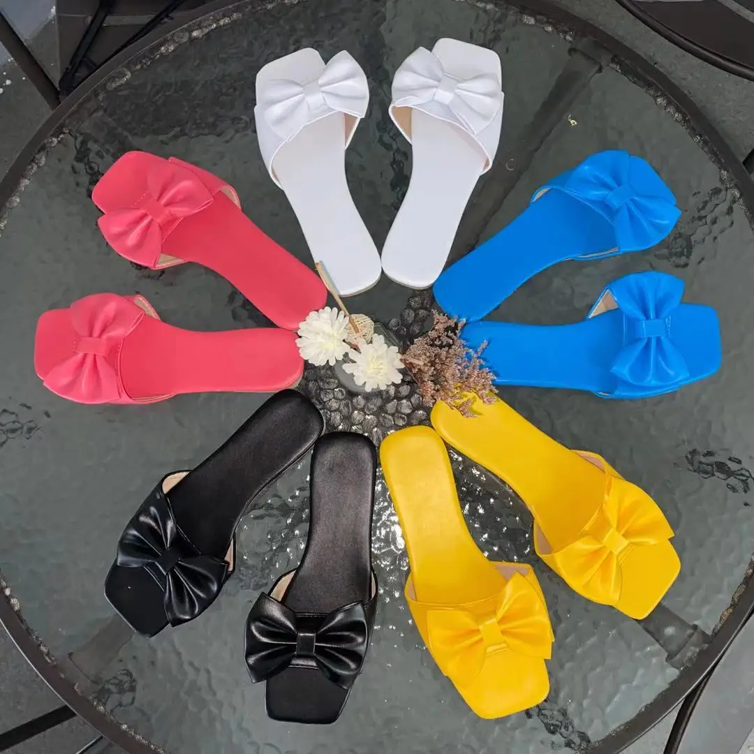 2020 trending sandals for women Flip Flop Bow Block Heel Slip-On Plain sandals indoor summer home slipper
