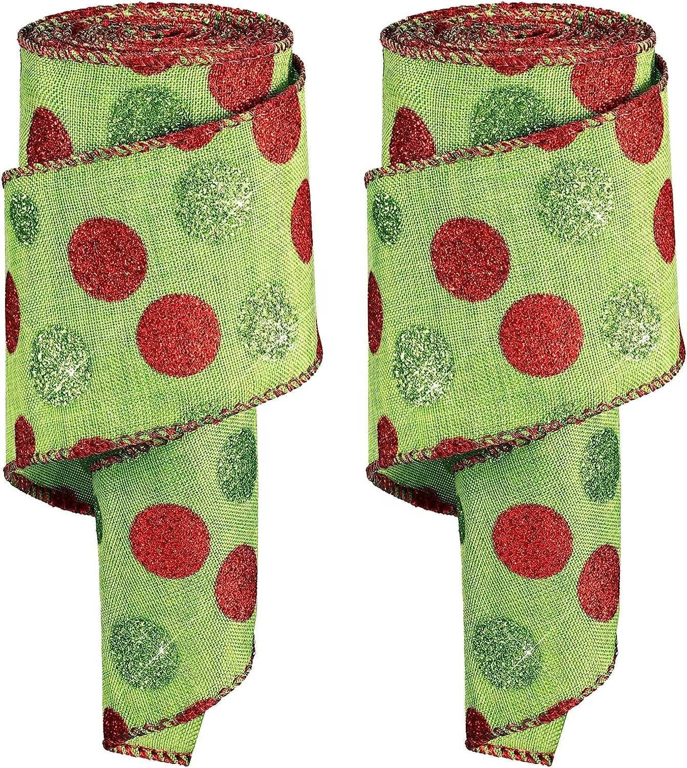 OKAY Christmas Glitter Green Red Polka Dot Printed  Wired Edge Burlap Decorative Ribbons for DIY Craft Bows
