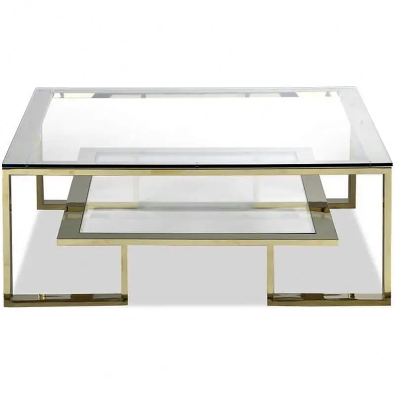 Стеклянный чайный столик с золотой стальной рамой, кофейный столик, сделано в Китае