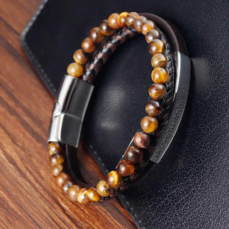 Professional Jewelry Custom Wholesale Daily Wear Natural Stone Beaded Genuine leather Stainless Steel Magnetic Clasp Bracelet