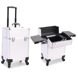 Makeup Train Organizer Cosmetic Train Suitcase with 4 Wheels Aluminum Rolling Makeup Cosmetic Beauty Case