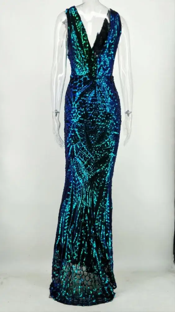 2019 Female Apparel Sequins V-Neck Sleeveless Mermaid Dress Evening Gown