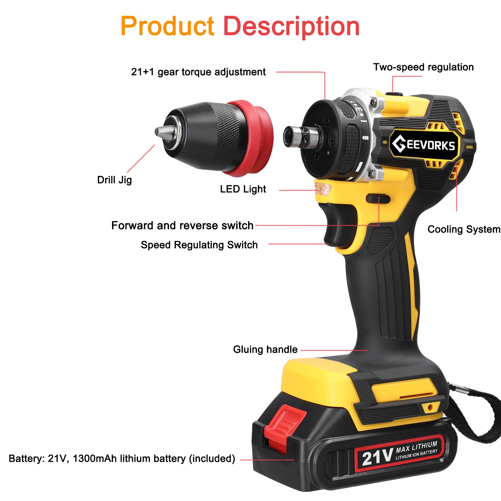 Geevorks 21V 2in1 Electric Drill Screwdriver Brushless Motor Power Screw Driver Home Appliances Multi-function Power Tool