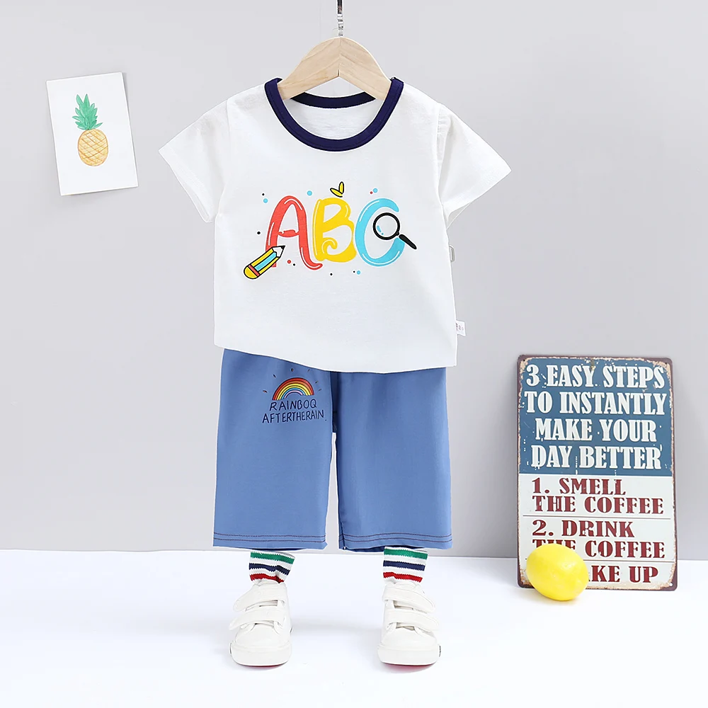 Factory direct sell School students Summers Clothing Set Boy Clothes Kids Short Sleeves  Carton Print Shirt