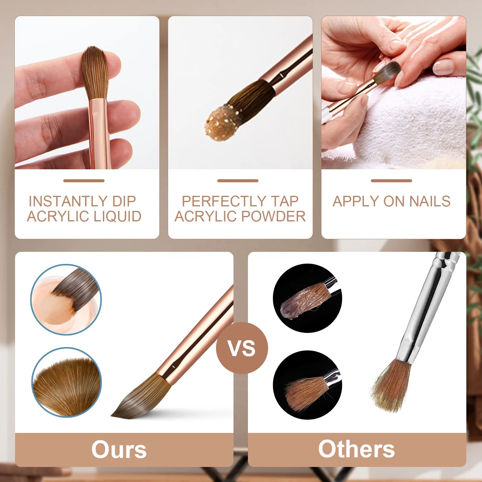 Kolinsky Nail Brushes Gold glitter Metal Handle Nail Art Manicure Tool For Acrylic Application Crimped Acrylic Brush For Nails