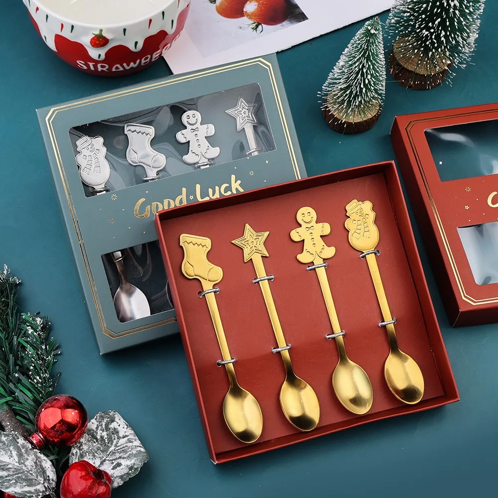 Hot Sell Christmas Gift Stainless Steel Christmas Gifts Tea Spoon Metal Cutlery Coffee Tea Dessert Spoon Fork Set With Box