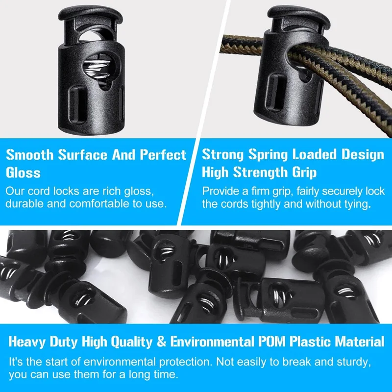 Plastic Cord Locks Single Hole Spring Toggle Stopper Cord Stops Fastener Toggles for Shoelaces Drawstrings Bags Clothing