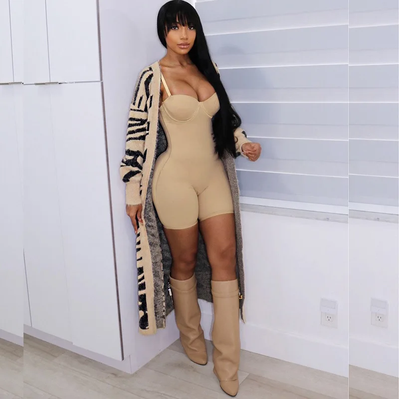 2021 Solid Color Push Up Knitting Low-Cut Sling Bodycon Sexy Short Bodysuit Ladies One Piece Jumpsuits