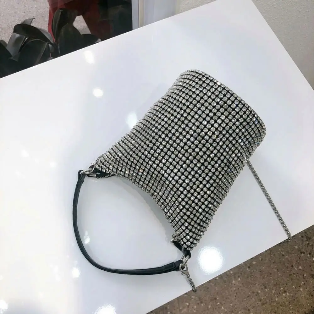 Small Crystal clutch evening bag Women 2022 Luxury designer wedding party Handbag Ladies green Rhinestone bucket shoulder bag