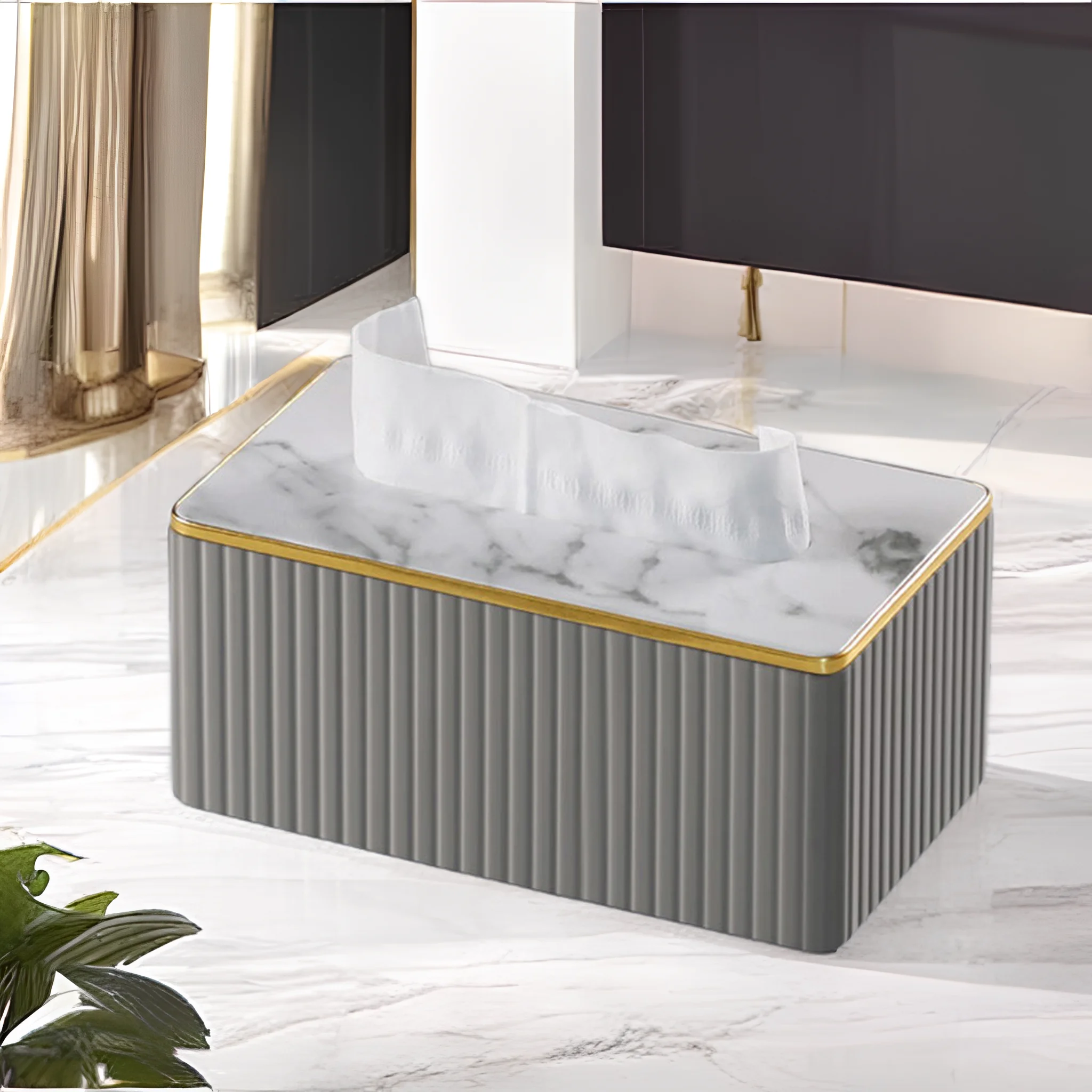 Luxury Kitchen Rectangular Black Gold Decoration Table Leather Fabric Tissue Box