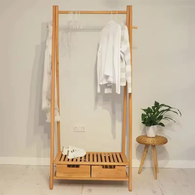 Wooden Clothes Rack  Easy Hanger Removable for Bedroom and  Living Room With Drawers