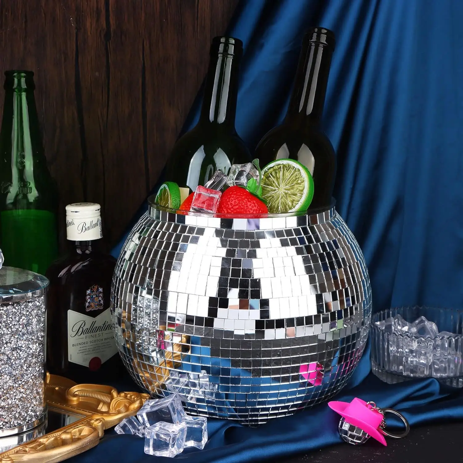 High quality Handmade Bar Gold Silver Mirror Glass Plastic Halloween Party Disco Ball Ice Bucket Beer