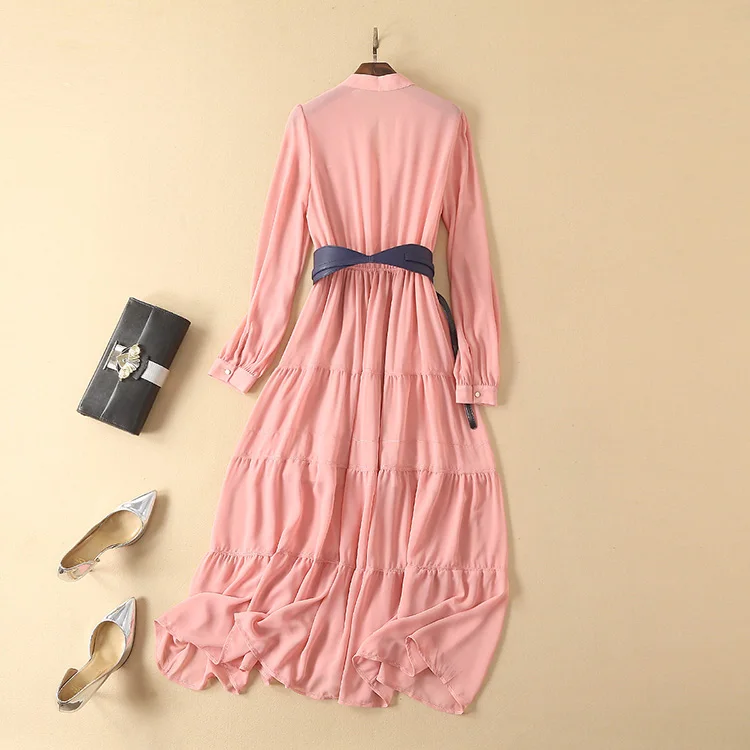 
Spring 2021 Temperament V Neck Long Sleeved Pink Dress Waist Slimming Long Skirt Dress 