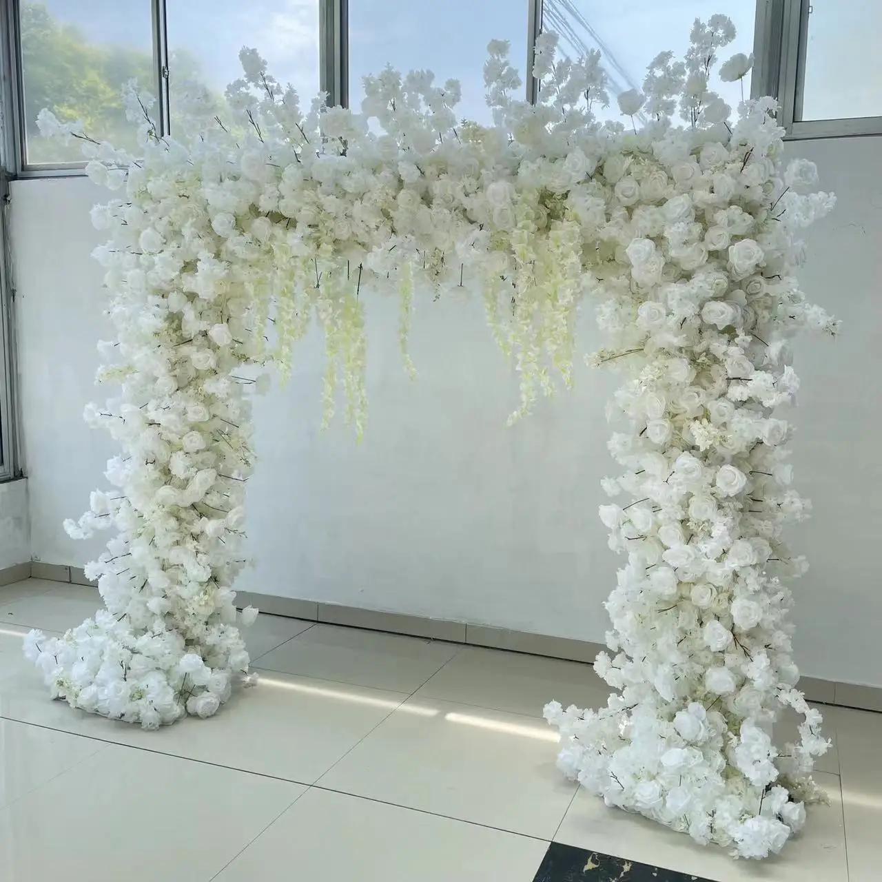 Artificial White Rose Wedding Arch Moongate Flower Metal Arch For Wedding Background Flower Hoop