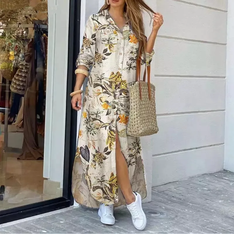 Elegant Letter Print Women Long Dress 2020 Spring Summer Long Sleeve Maxi Dress Casual Female Button Split Party Dress Vestidos