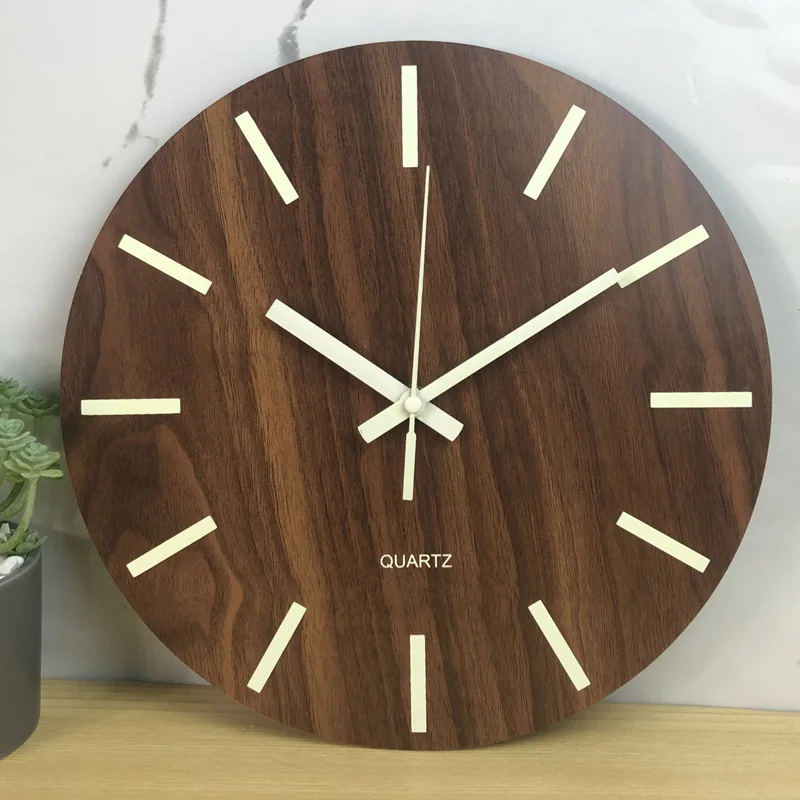 EMAF Custom DIY 12 inch fluorescence night light wall clock decorative wooden luminous wall clock silent movement wall clock