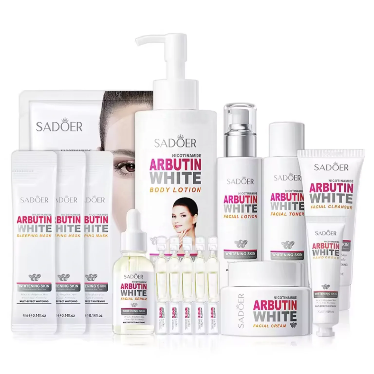 Vegan Nicotinamide Arbutin Whitening Skin Care Set With Facial Cleanser, Toner, Lotion, Serum, Cream, Mask, Soap, Body Lotion