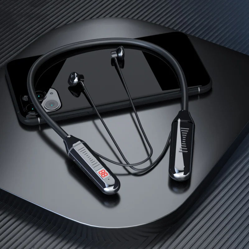 Hot selling type-c charging large battery capacity digital display bt necklace headset sport hanging neck earphone
