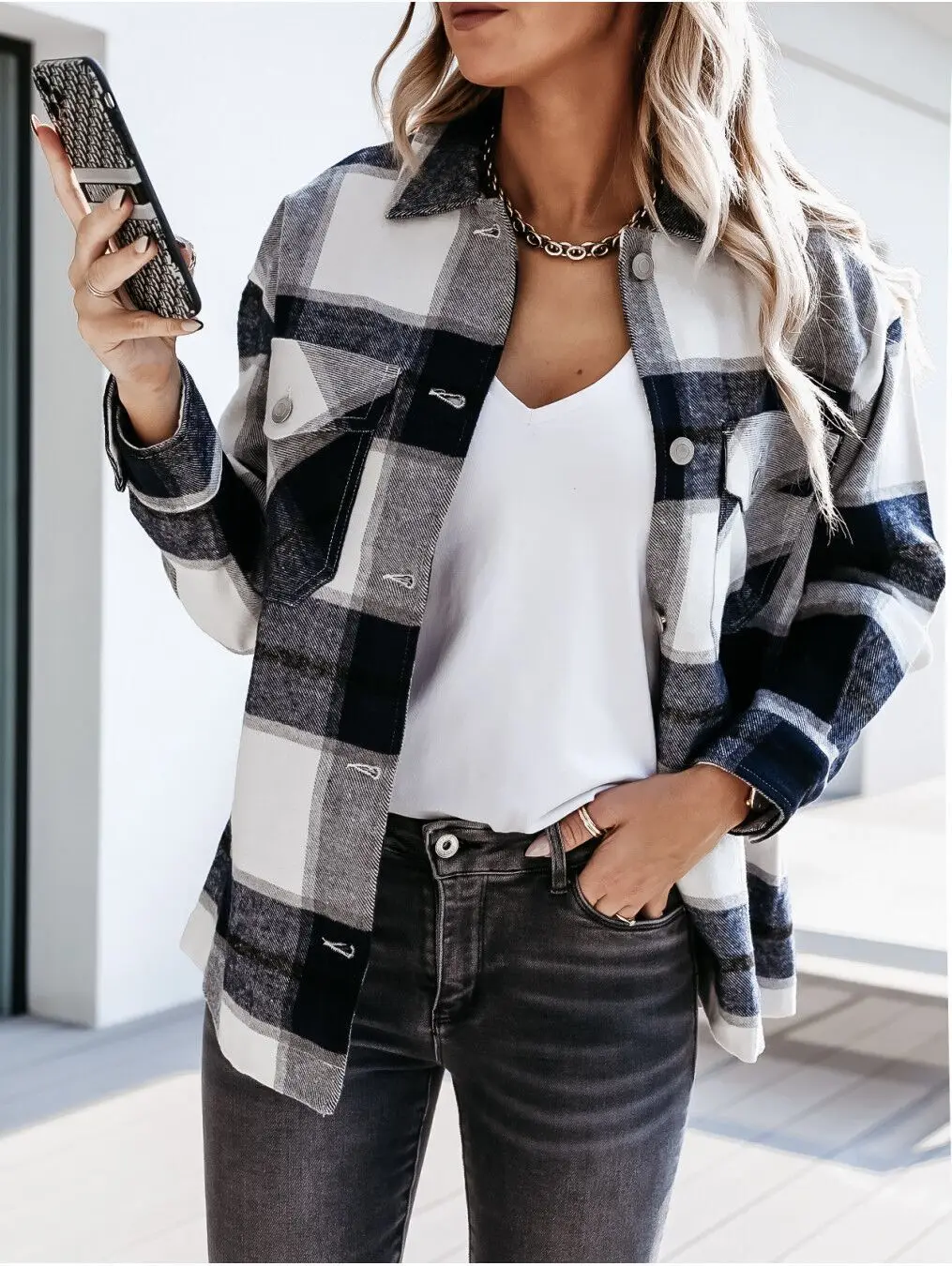 
Women Clothing Casual Gray Oversized Plaid Blouse Checkered Flap Women Coat Jacket 