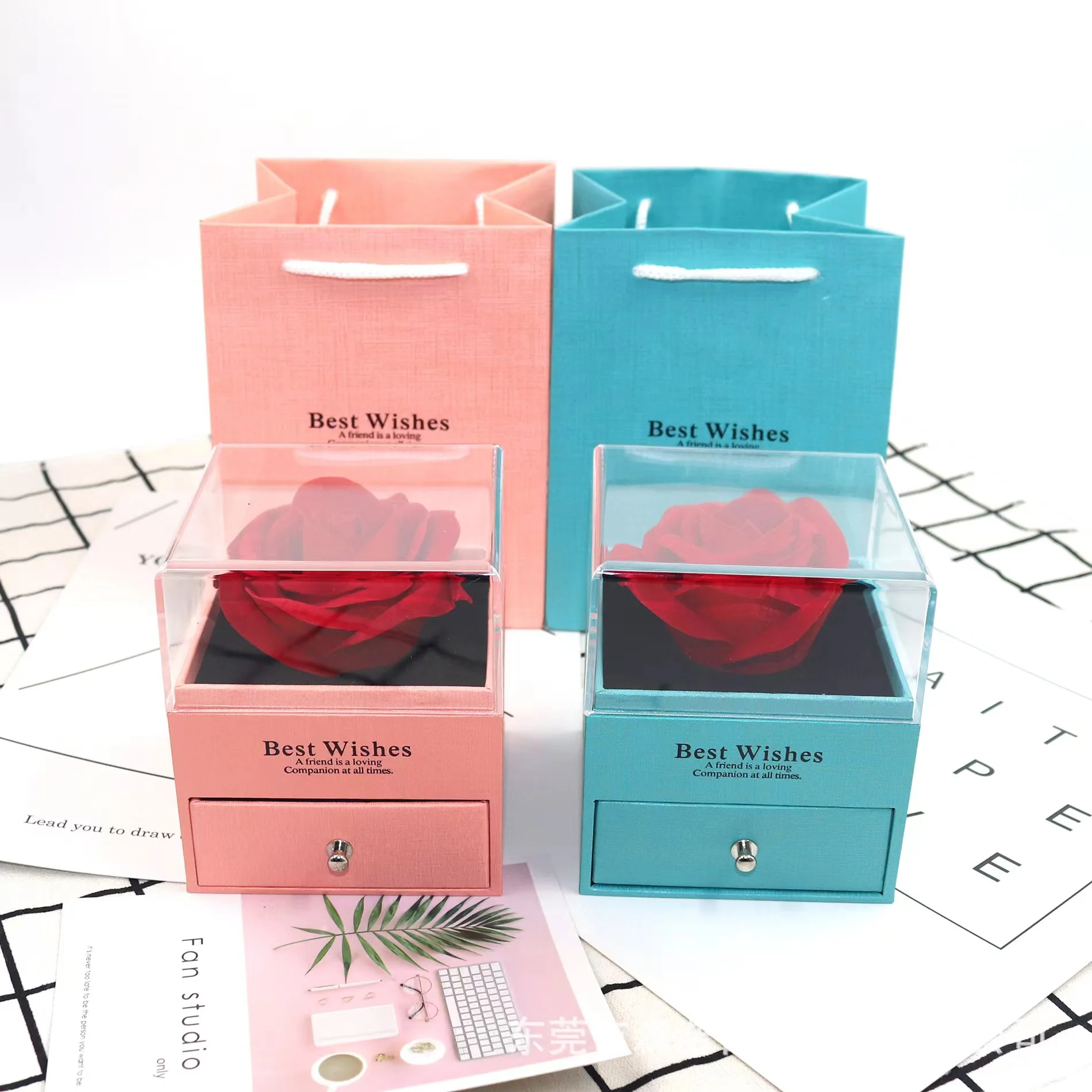 flower Valentine  Acrylic Eternal Roses Jewelry Gift Box stock Preserved Real Rose Flowers With Jewelry Box