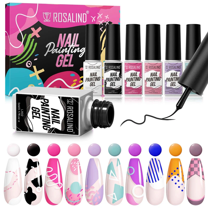 Rosalind oem private label manicure resin gel varnish lacquer wholesale uv lamp curing 10pcs liner gel polish set for nails art
