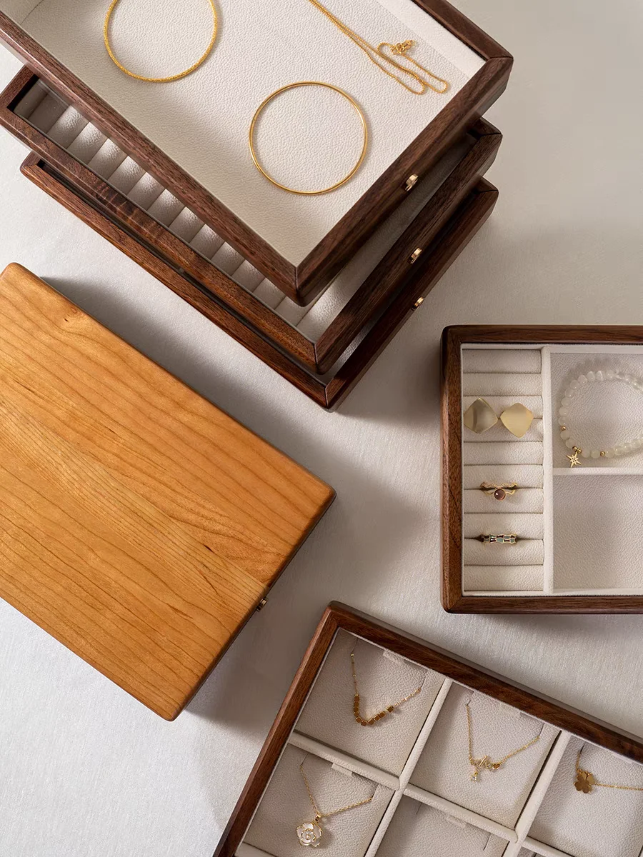 Stackable Storage Jewelry Display Holder Organizer Tray Walnut Wooden Jewelry Tray For Ring Earring Trinket Gemstone
