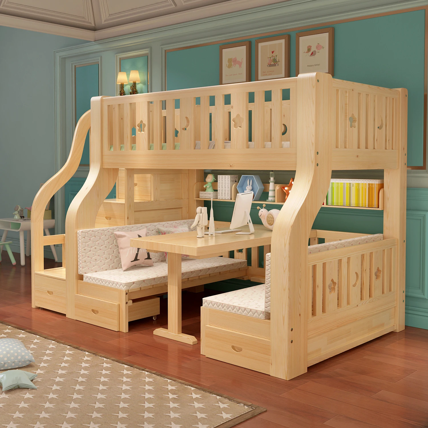
Children Furniture 2 Floor Wooden Child Bunk Bed With Slide For Kids Bedroom Set 