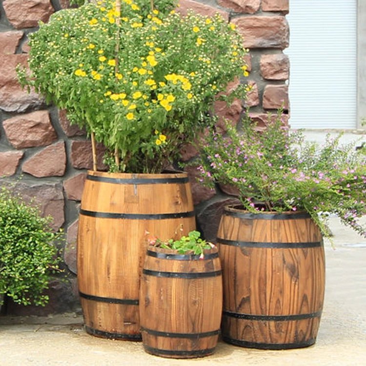 custom garden decoration wooden barrel plant pots
