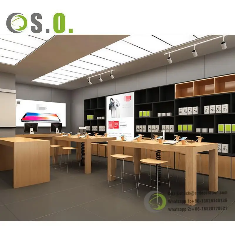 Trendy  Wooden Cell Phone Shop Design  Custom Led Lighting Display Showcase Mobile Phone Store Furniture
