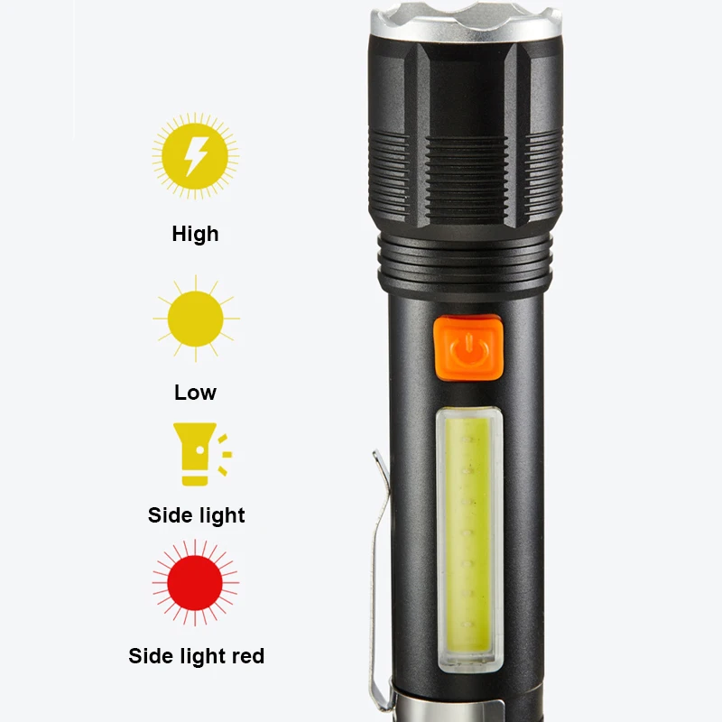 Helius Wholesale Outdoor LED P50 Beads Rechargeable Aluminum Alloy Telescopic Zoom with COB Side Light Flashlight