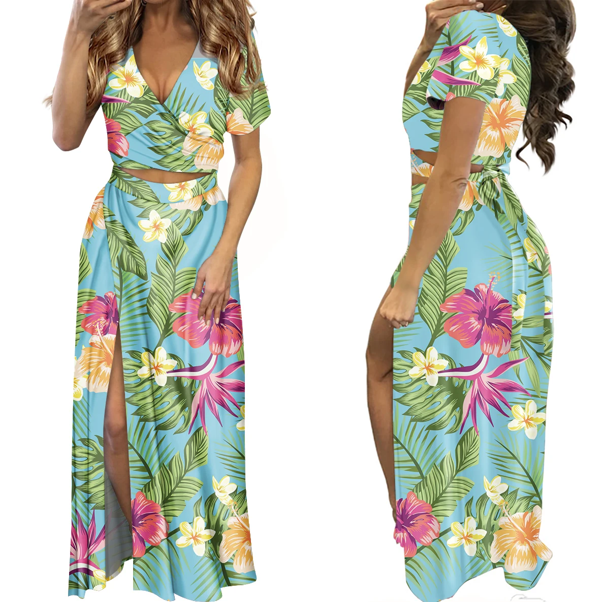 Customized High Quality Samoan Puletasi Beach Traditional Tribal Print V-Neck Slit XXX Long Dresses