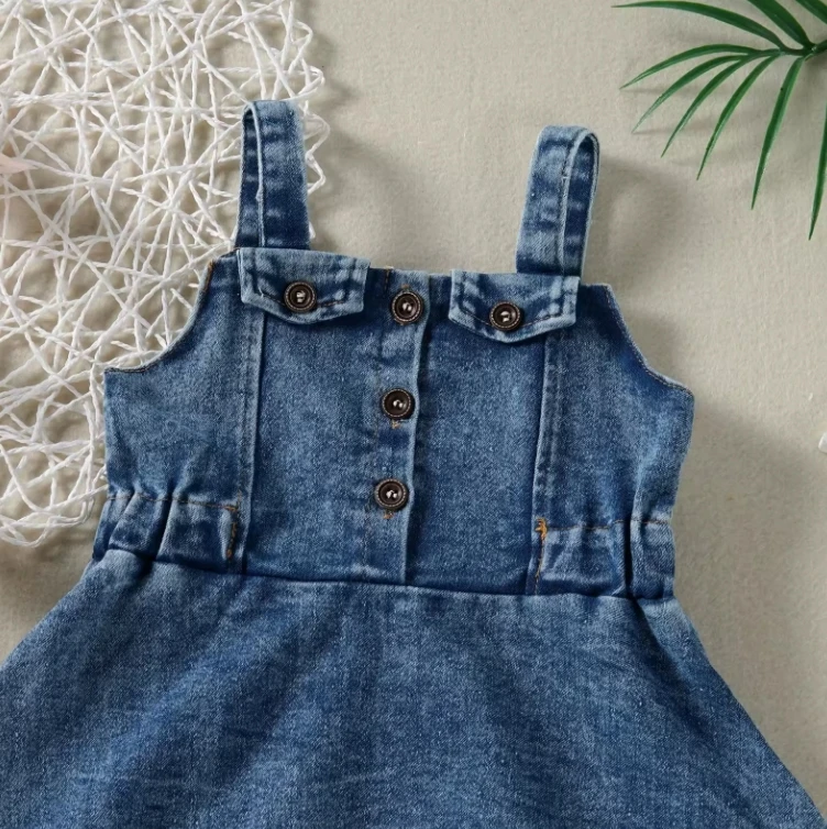 Stylish Baby Dresses Denim Suspenders Ruffle Bottom Fashionable Children Casual Clothing